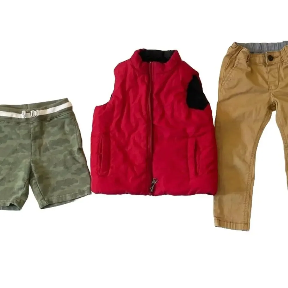 Outfit Bundle 3 Basics 2T/3T, Puffer Vest, Osh Kosh Khaki Pants, Camo Shorts